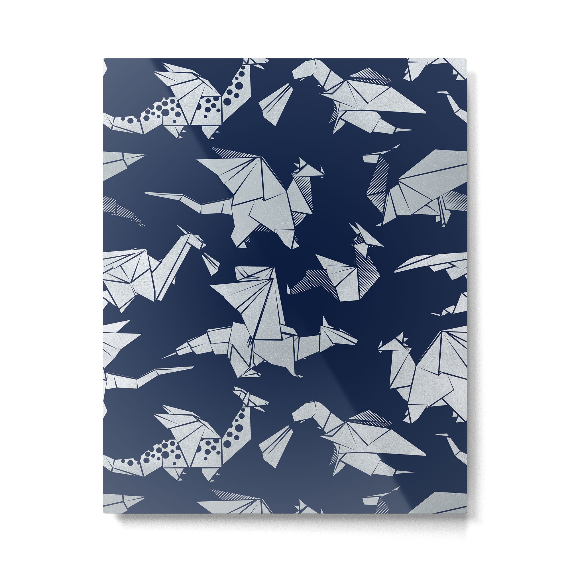 Origami metallic dragon friends // oxford navy blue background metal silver fantasy animals Metal Print Gallery Image 4