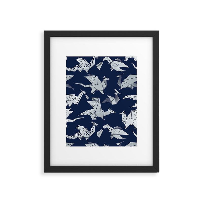 Origami metallic dragon friends // oxford navy blue background metal silver fantasy animals Framed Art Print Gallery Image 5