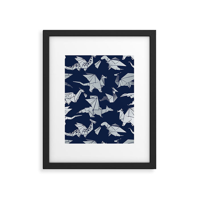 Origami metallic dragon friends // oxford navy blue background metal silver fantasy animals Framed Art Print Gallery Image 1