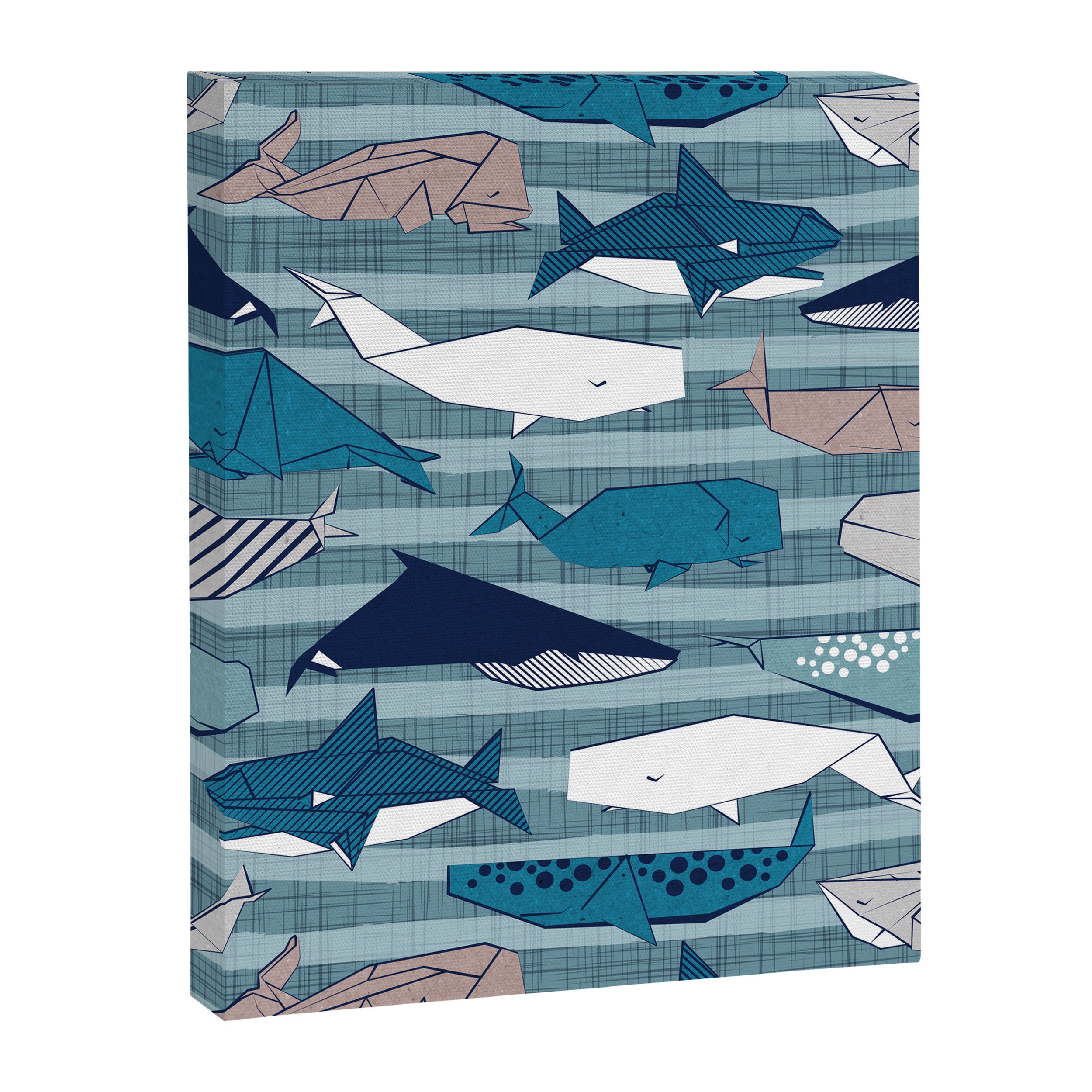 Origami Sea // linen texture and nautical stripes background teal white and taupe whales Canvas Print Gallery Image 8