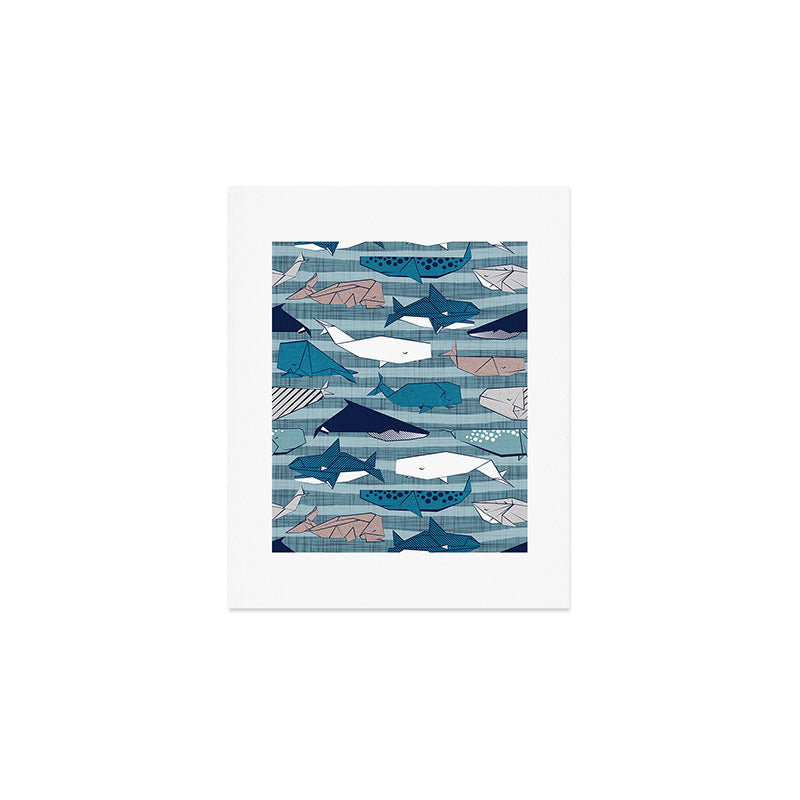 Origami Sea // linen texture and nautical stripes background teal white and taupe whales Art Print Gallery Image 1