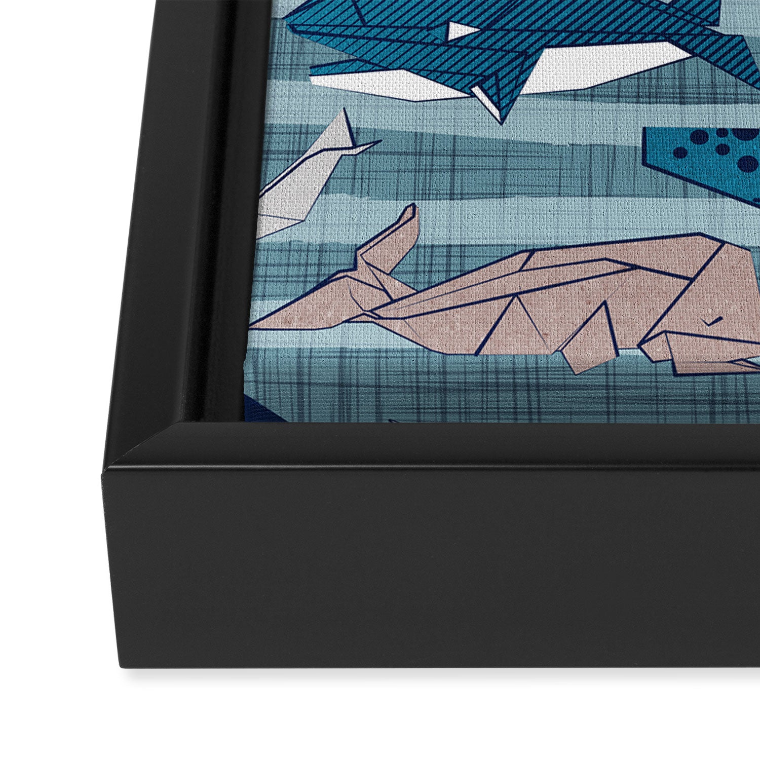 Origami Sea // linen texture and nautical stripes background teal white and taupe whales Framed Canvas Print Gallery Image 3