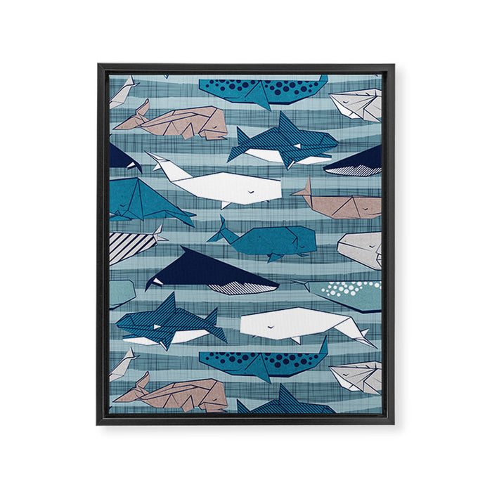 Origami Sea // linen texture and nautical stripes background teal white and taupe whales Framed Canvas Print Gallery Image 1