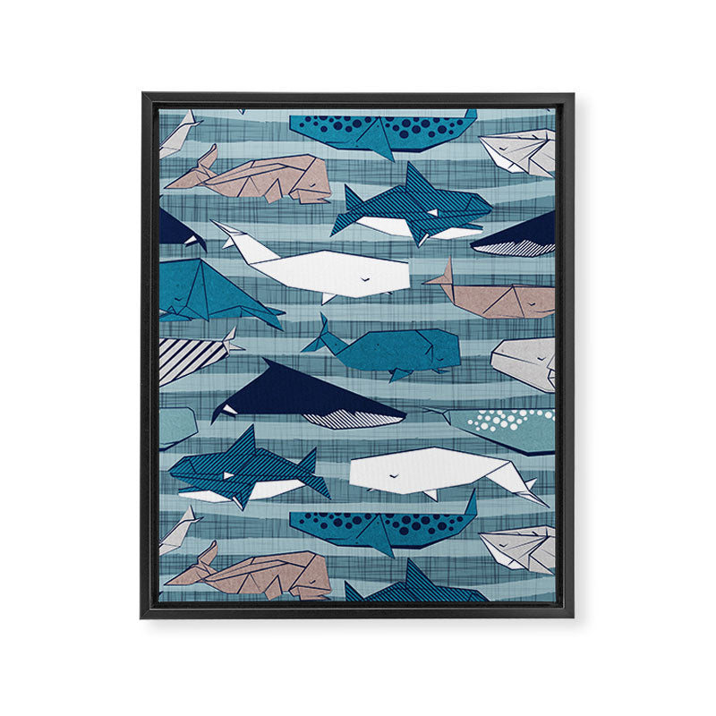 Origami Sea // linen texture and nautical stripes background teal white and taupe whales Framed Canvas Print Gallery Image 8