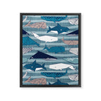 Origami Sea // linen texture and nautical stripes background teal white and taupe whales Framed Canvas Print Gallery Image 8