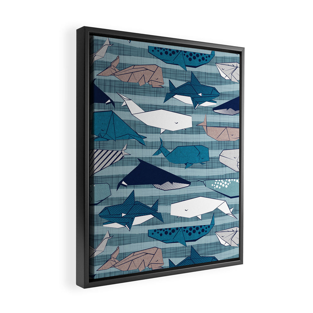 Origami Sea // linen texture and nautical stripes background teal white and taupe whales Framed Canvas Print Gallery Image 2