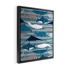 Origami Sea // linen texture and nautical stripes background teal white and taupe whales Framed Canvas Print Gallery Image 2