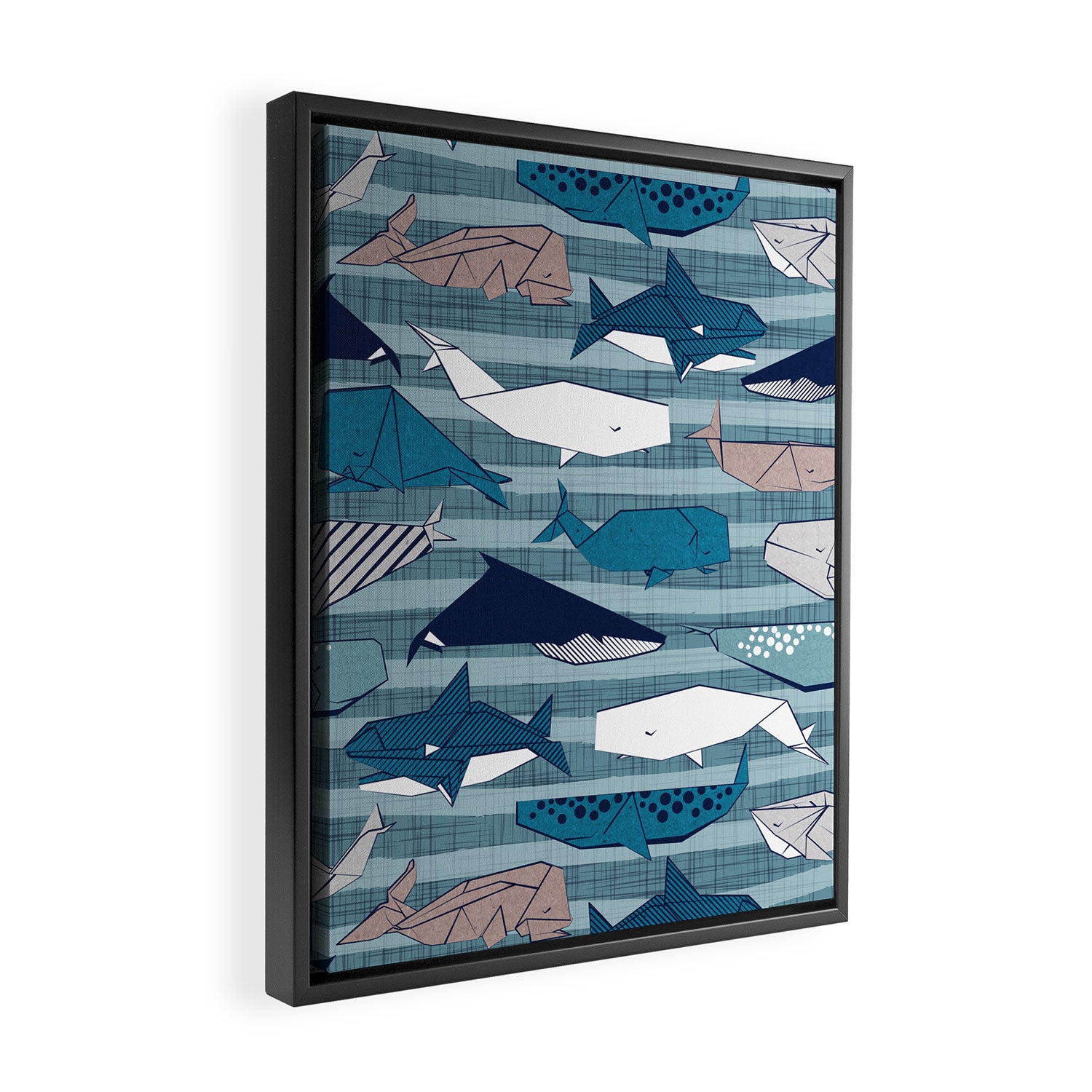 Origami Sea // linen texture and nautical stripes background teal white and taupe whales Framed Canvas Print Gallery Image 2