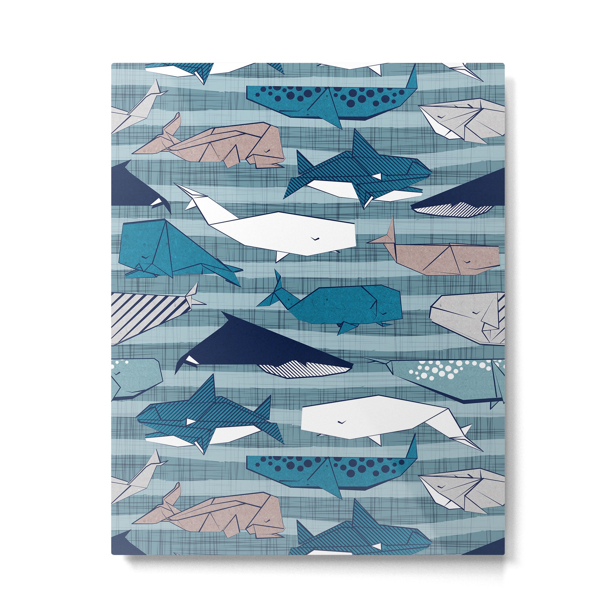 Origami Sea // linen texture and nautical stripes background teal white and taupe whales Metal Print Gallery Image 6