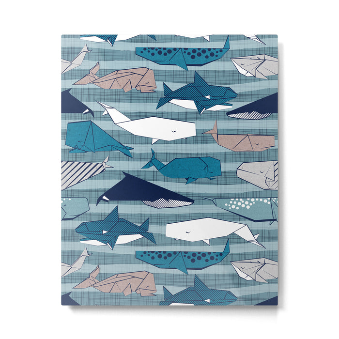 Origami Sea // linen texture and nautical stripes background teal white and taupe whales Metal Print Gallery Image 1