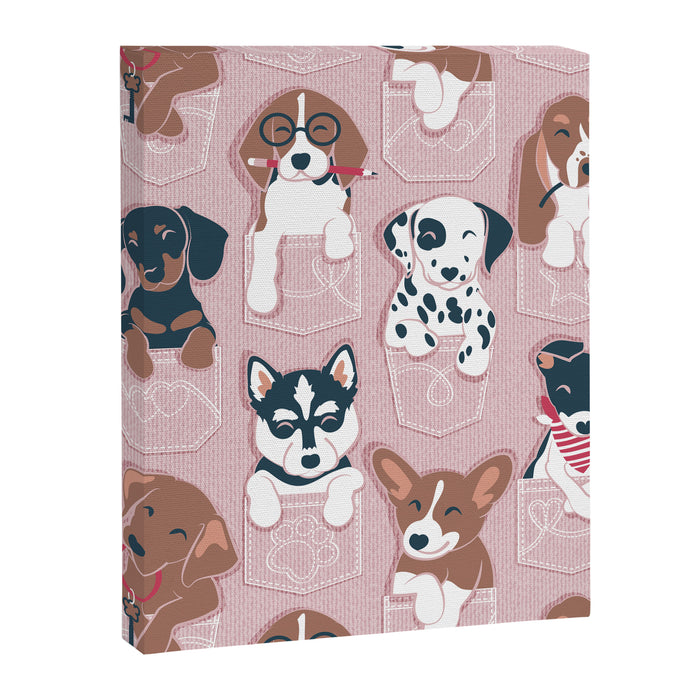 Pure love pockets I // blush pink background Dachshund Beagle Dalmatian Basset Hound Labrador Retriever Husky Welsh Corgi and Italian Greyhound dog puppies Canvas Print Gallery Image 1