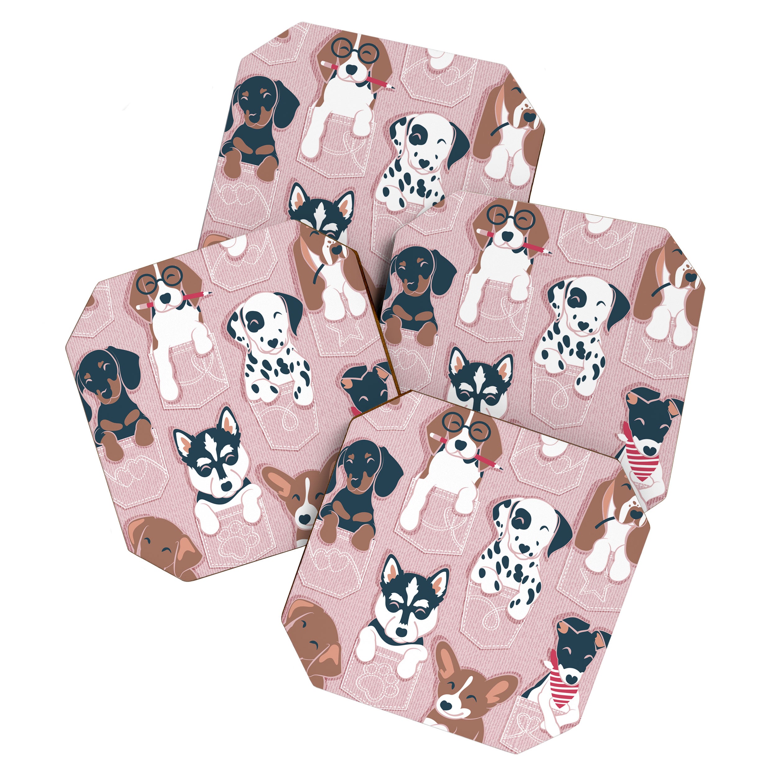 Pure love pockets I // blush pink background Dachshund Beagle Dalmatian Basset Hound Labrador Retriever Husky Welsh Corgi and Italian Greyhound dog puppies Coaster Gallery Image 1