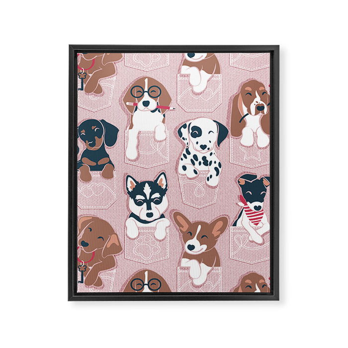 Pure love pockets I // blush pink background Dachshund Beagle Dalmatian Basset Hound Labrador Retriever Husky Welsh Corgi and Italian Greyhound dog puppies Framed Canvas Print Gallery Image 1