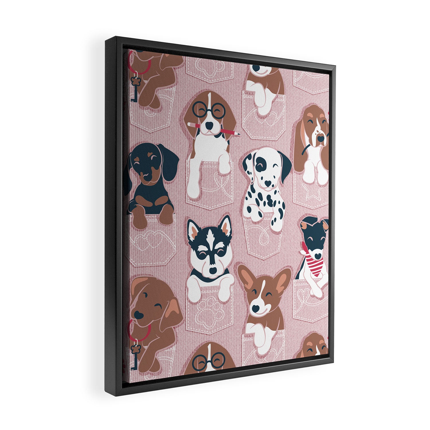 Pure love pockets I // blush pink background Dachshund Beagle Dalmatian Basset Hound Labrador Retriever Husky Welsh Corgi and Italian Greyhound dog puppies Framed Canvas Print Gallery Image 2