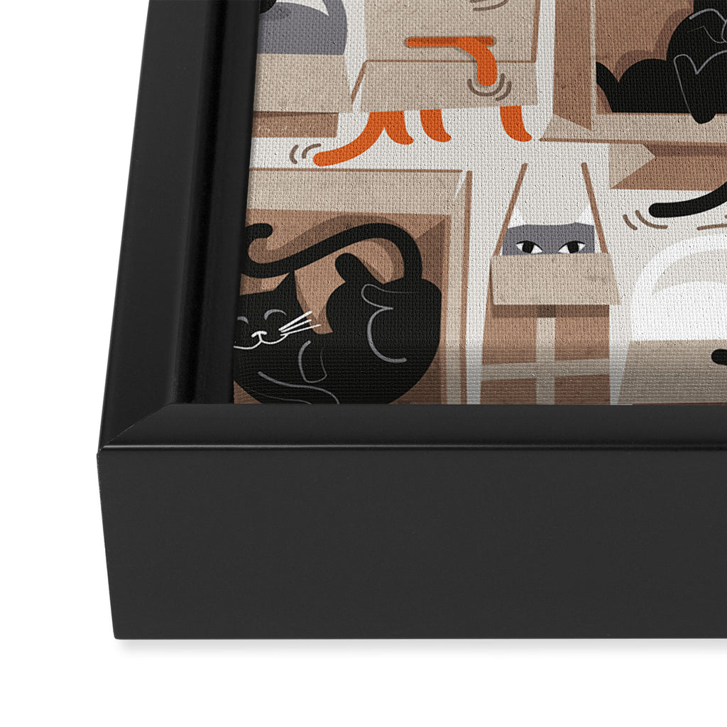 Purfect feline architecture // beige background cute cats in cardboard boxes Framed Canvas Print Gallery Image 3