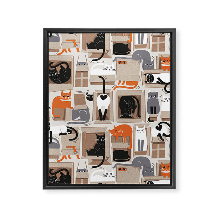 Purfect feline architecture // beige background cute cats in cardboard boxes Framed Canvas Print Gallery Image 1