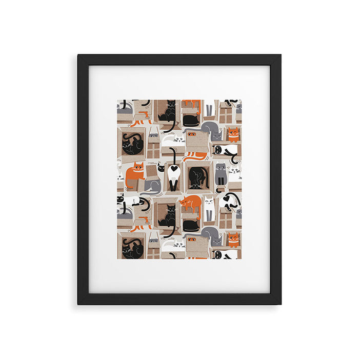 Purfect feline architecture // beige background cute cats in cardboard boxes Framed Art Print Gallery Image 1