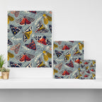 Quirky beautiful moths // morning blue textured background oxford navy blue ivory yellow and red tiger moth insects Canvas Print Gallery Image 3