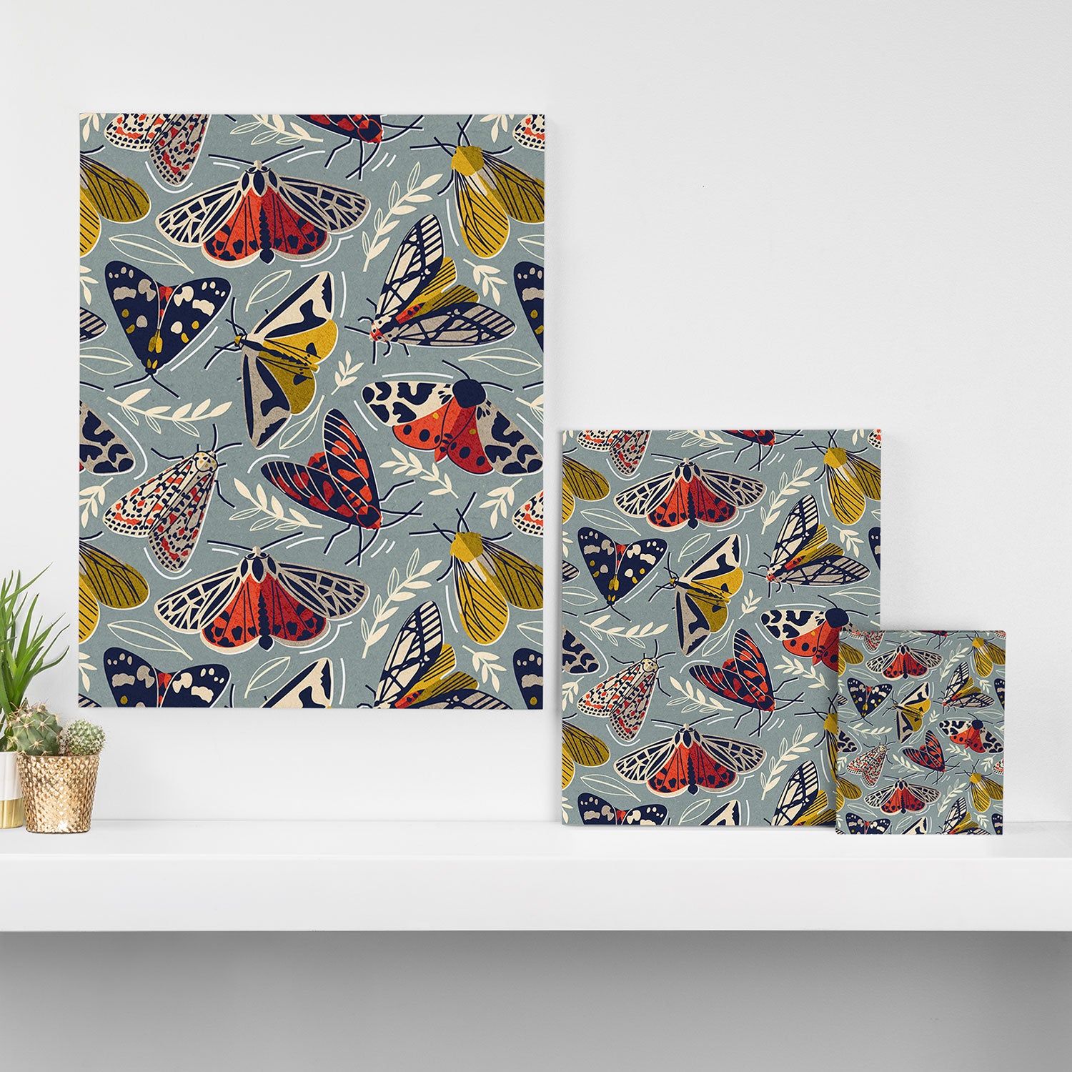 Quirky beautiful moths // morning blue textured background oxford navy blue ivory yellow and red tiger moth insects Canvas Print Gallery Image 3