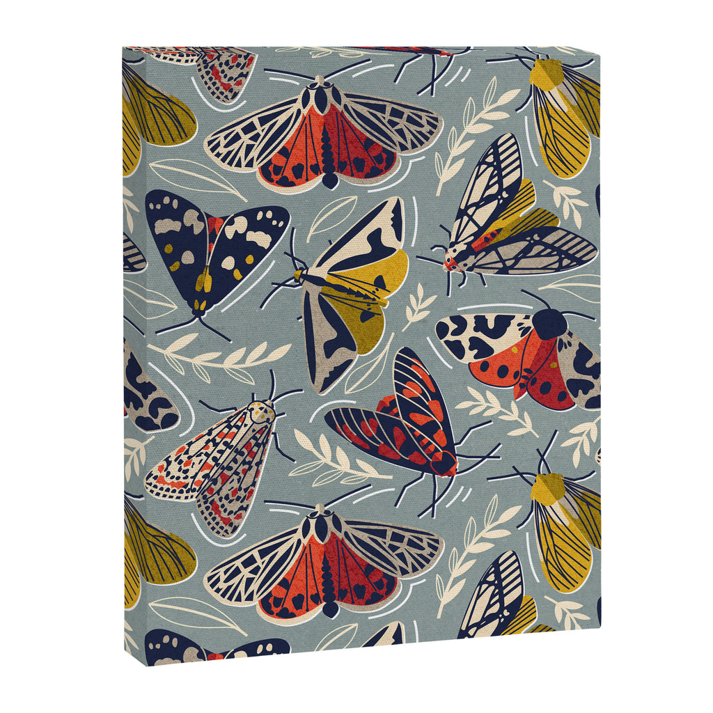 Quirky beautiful moths // morning blue textured background oxford navy blue ivory yellow and red tiger moth insects Canvas Print Gallery Image 3
