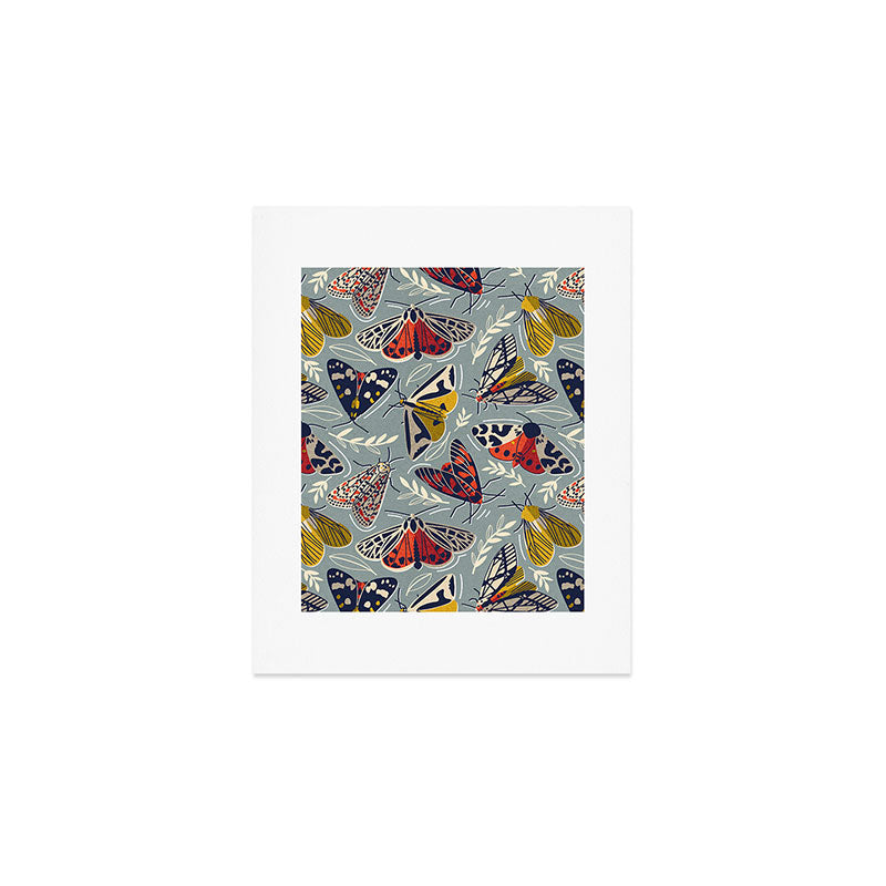 Quirky beautiful moths // morning blue textured background oxford navy blue ivory yellow and red tiger moth insects Art Print Gallery Image 1
