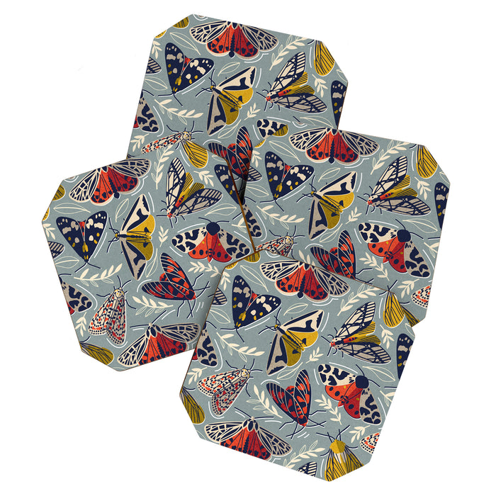 Quirky beautiful moths // morning blue textured background oxford navy blue ivory yellow and red tiger moth insects Coaster Gallery Image 1