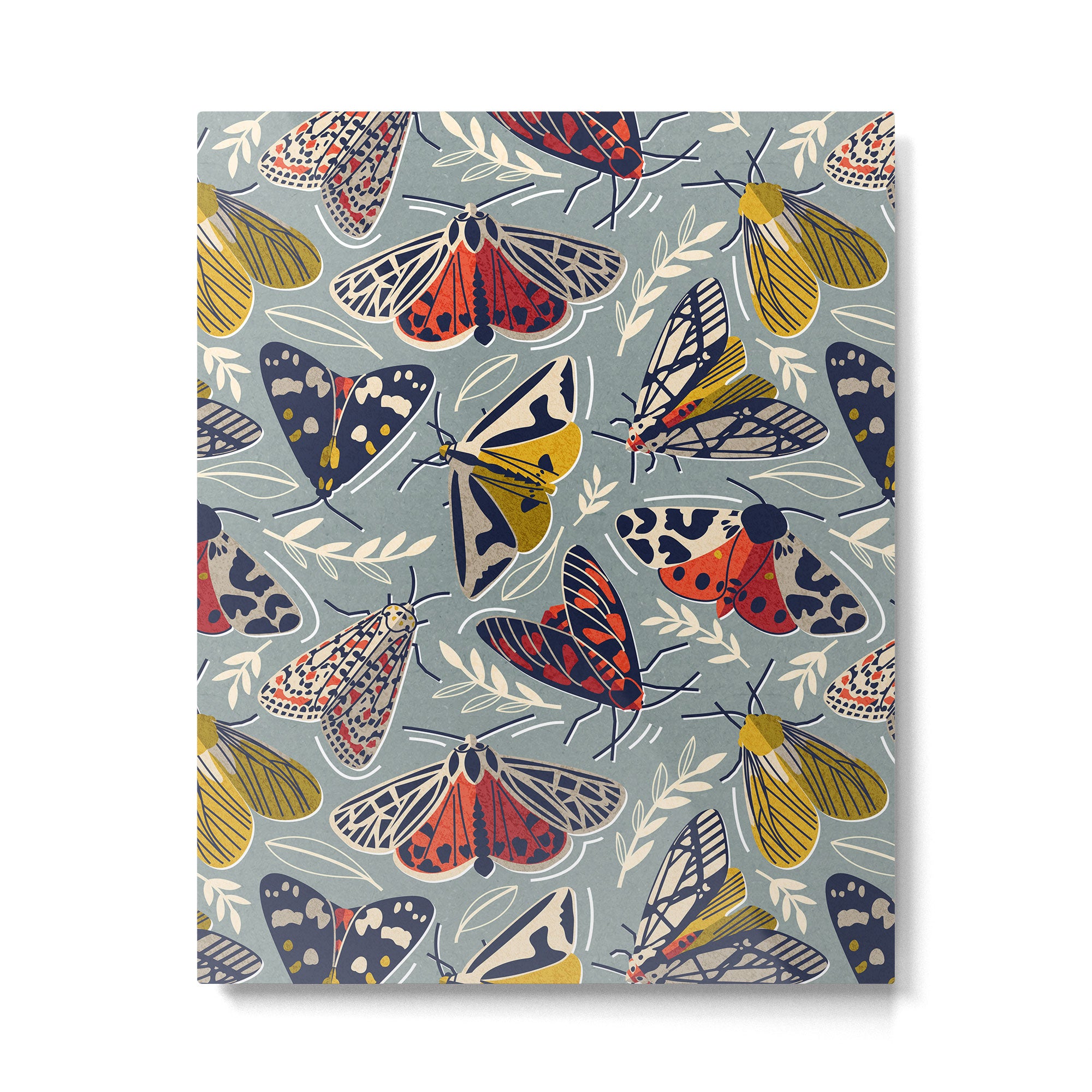 Quirky beautiful moths // morning blue textured background oxford navy blue ivory yellow and red tiger moth insects Metal Print Gallery Image 4
