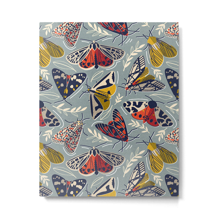 Quirky beautiful moths // morning blue textured background oxford navy blue ivory yellow and red tiger moth insects Metal Print Gallery Image 1