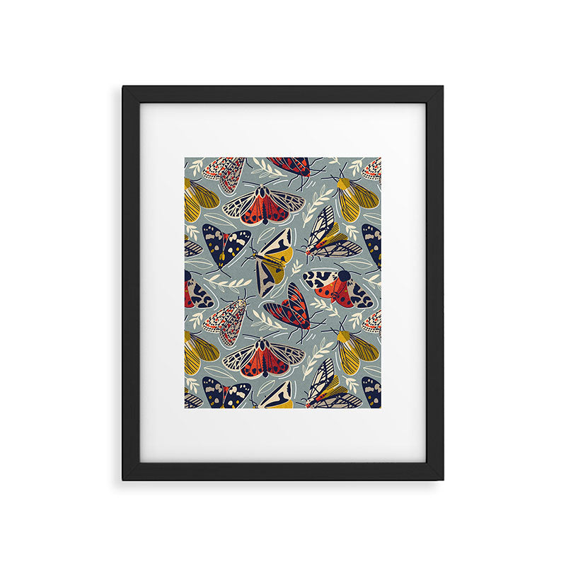 Quirky beautiful moths // morning blue textured background oxford navy blue ivory yellow and red tiger moth insects Framed Art Print Gallery Image 4