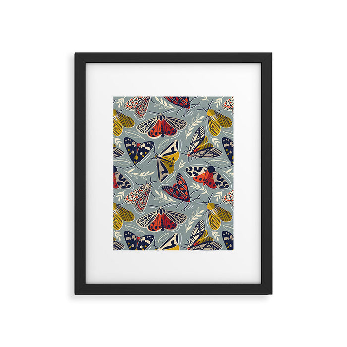 Quirky beautiful moths // morning blue textured background oxford navy blue ivory yellow and red tiger moth insects Framed Art Print Gallery Image 1