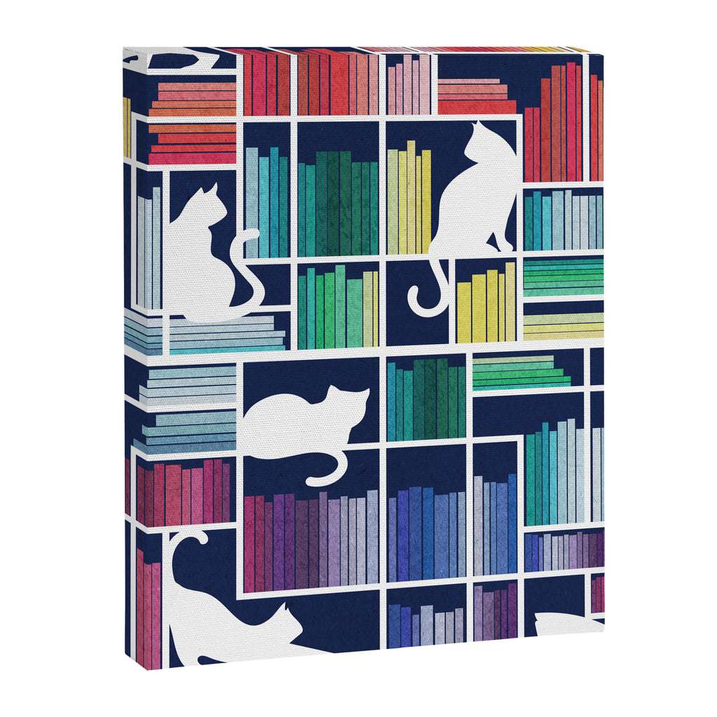 Rainbow bookshelf // navy blue background white shelf and library cats Canvas Print Gallery Image 8