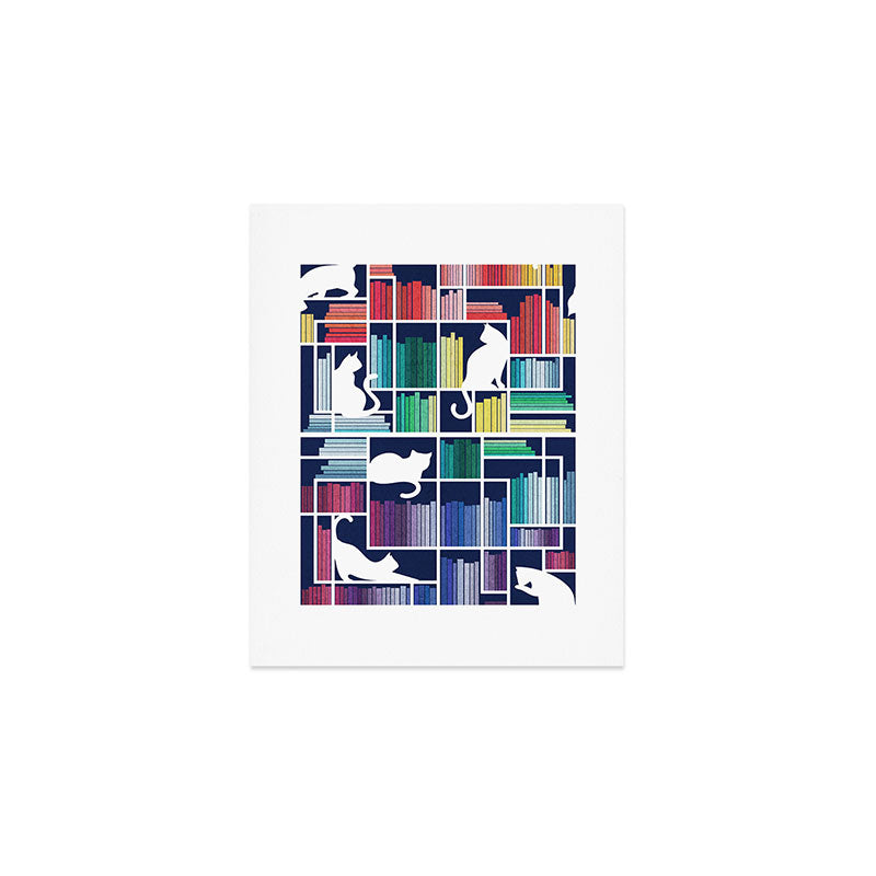 Rainbow bookshelf // navy blue background white shelf and library cats Art Print Gallery Image 1
