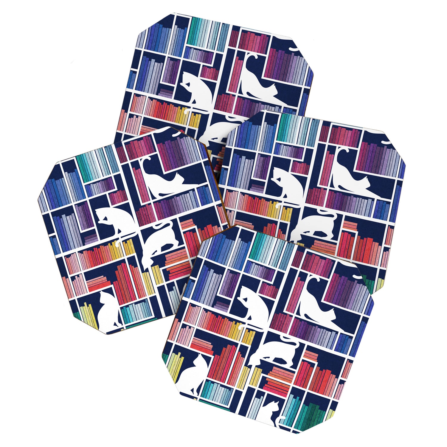 Rainbow bookshelf // navy blue background white shelf and library cats Coaster Gallery Image 1