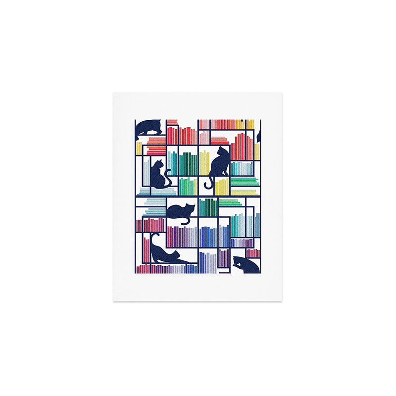 Rainbow bookshelf // white background navy blue shelf and library cats Art Print Gallery Image 1