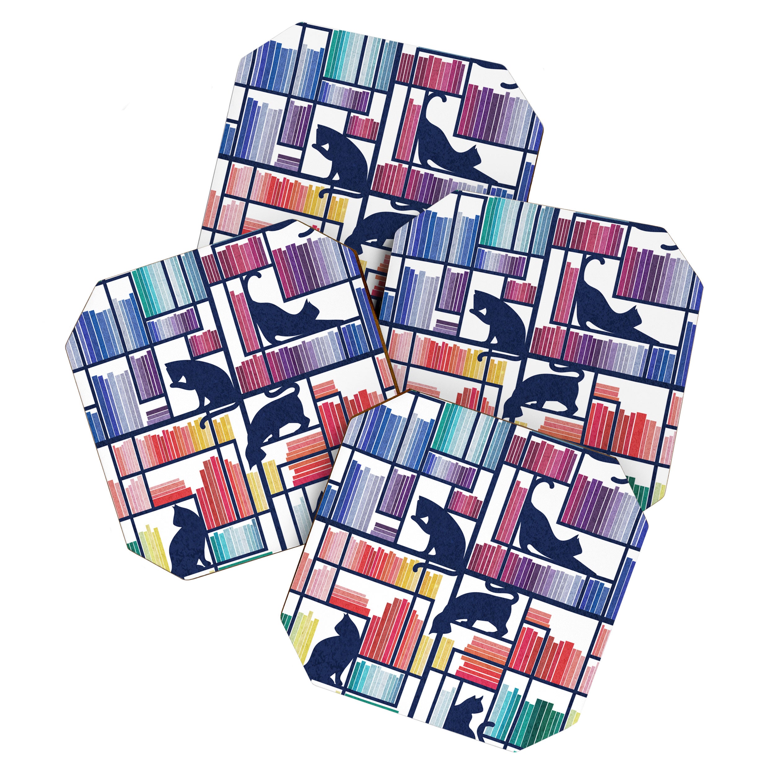 Rainbow bookshelf // white background navy blue shelf and library cats Coaster Gallery Image 1