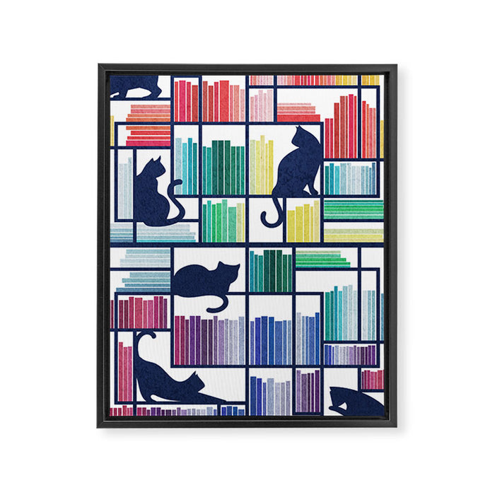Rainbow bookshelf // white background navy blue shelf and library cats Framed Canvas Print Gallery Image 1
