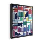 Rainbow bookshelf // white background navy blue shelf and library cats Framed Canvas Print Gallery Image 2