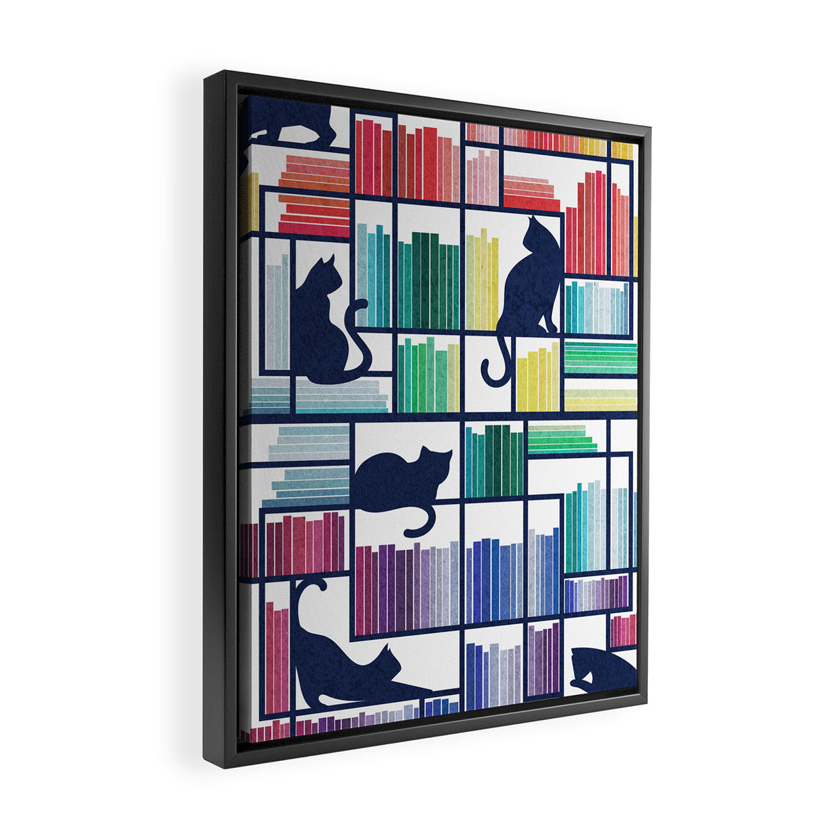Rainbow bookshelf // white background navy blue shelf and library cats Framed Canvas Print Gallery Image 2