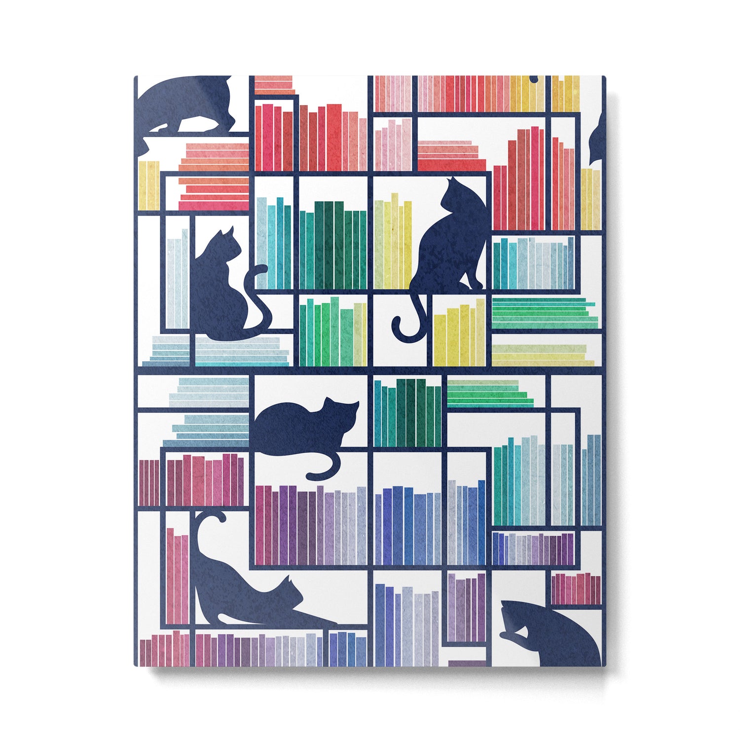 Rainbow bookshelf // white background navy blue shelf and library cats Metal Print Gallery Image 6