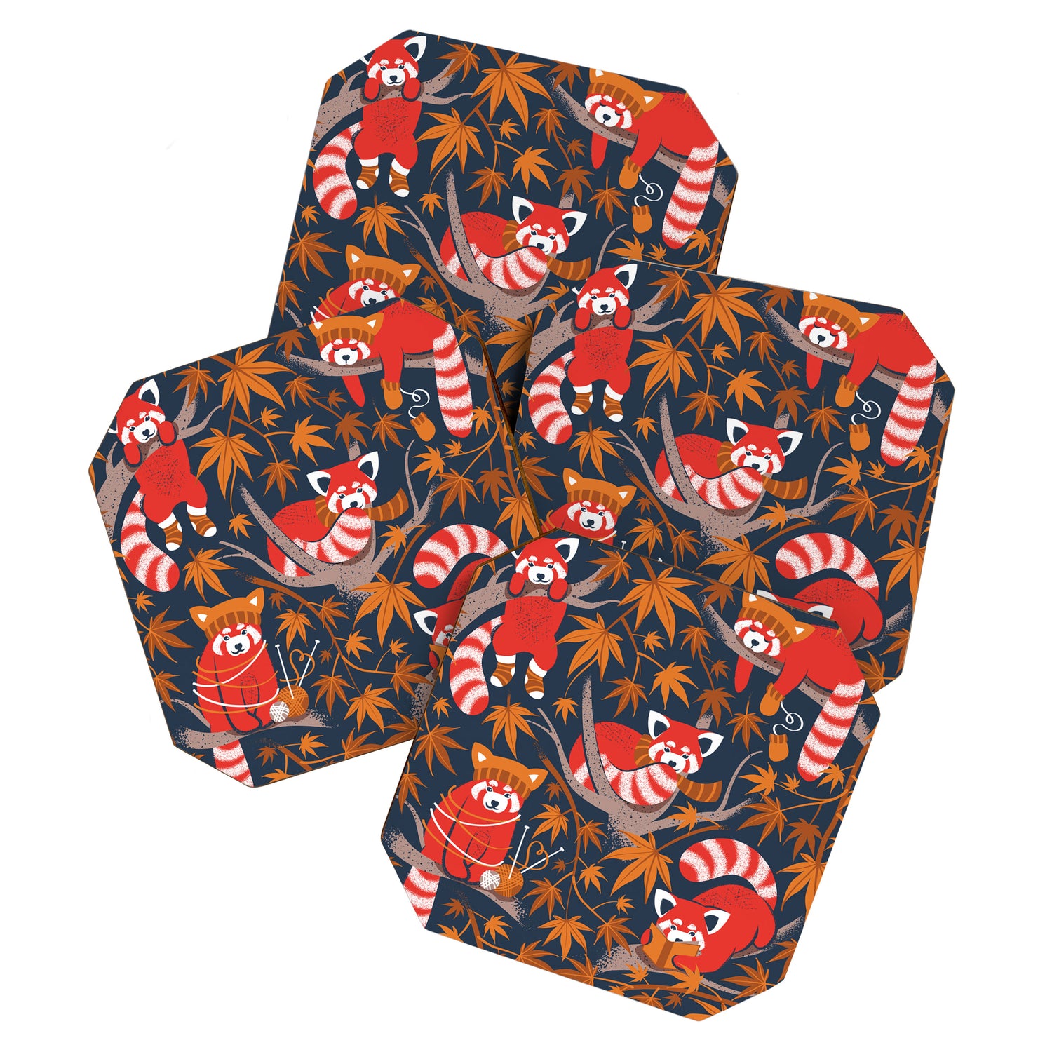 Red panda blending with the foliage // navy background red cozy animals fog brown taupe tree branches orange acer leaves Coaster Gallery Image 1
