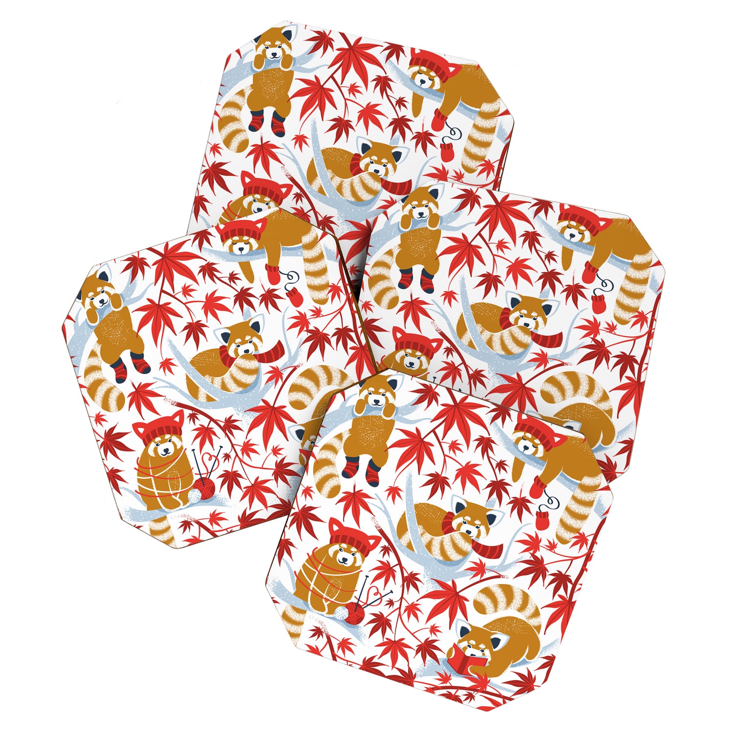 Red panda blending with the foliage // white background desert sun brown cozy animals fog blue tree branches red acer leaves Coaster Gallery Image 1