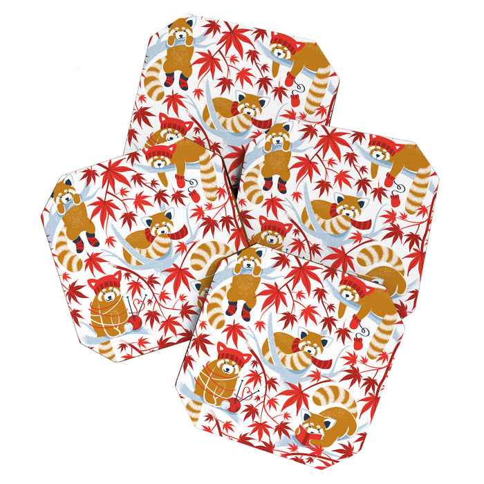 Red panda blending with the foliage // white background desert sun brown cozy animals fog blue tree branches red acer leaves Coaster Gallery Image 1
