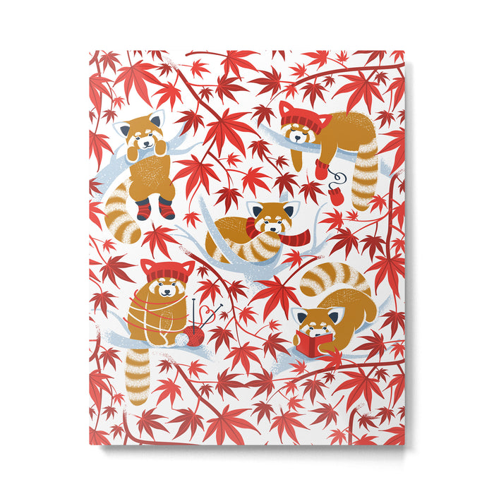 Red panda blending with the foliage // white background desert sun brown cozy animals fog blue tree branches red acer leaves Metal Print Gallery Image 1