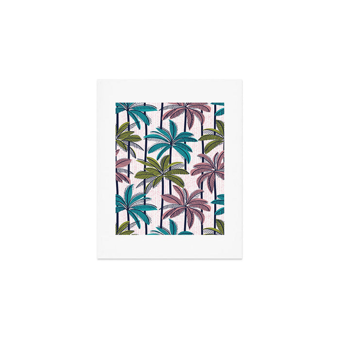 Retro Palm Springs vibes // white background highball green peacock blue and dry rose palm trees oxford navy blue lines Art Print Gallery Image 1