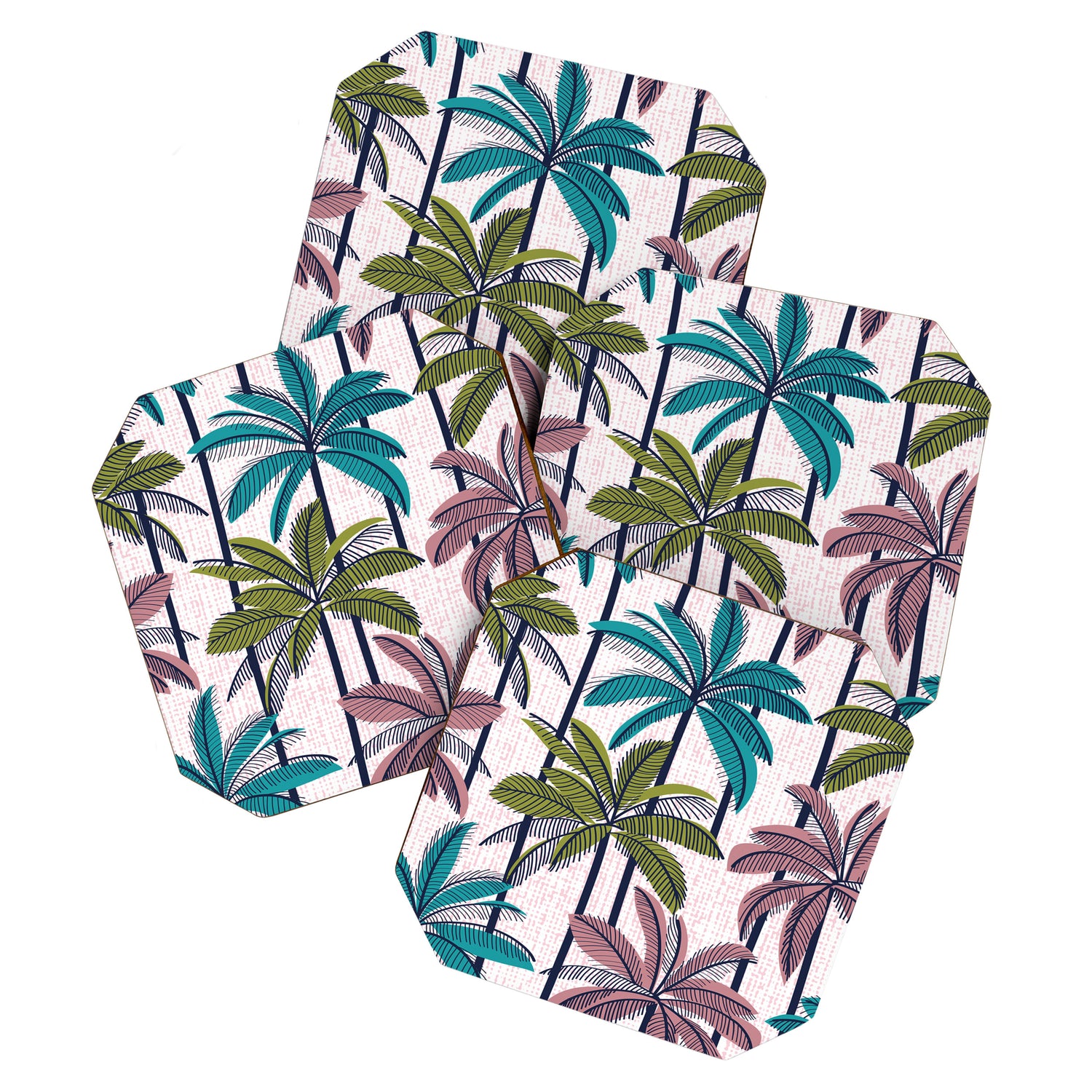 Retro Palm Springs vibes // white background highball green peacock blue and dry rose palm trees oxford navy blue lines Coaster Gallery Image 1