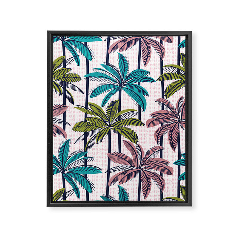 Retro Palm Springs vibes // white background highball green peacock blue and dry rose palm trees oxford navy blue lines Framed Canvas Print Gallery Image 6