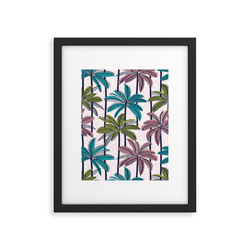 Retro Palm Springs vibes // white background highball green peacock blue and dry rose palm trees oxford navy blue lines Framed Art Print Gallery Image 5