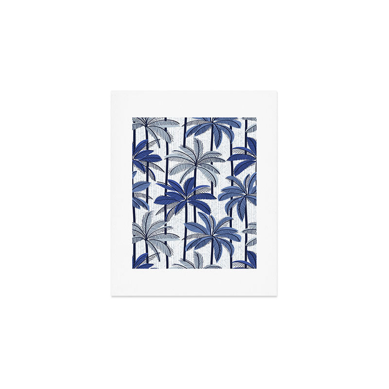 Retro Palm Springs vibes // white background highball indigo electric and pastel blue palm trees oxford navy blue lines Art Print Gallery Image 1