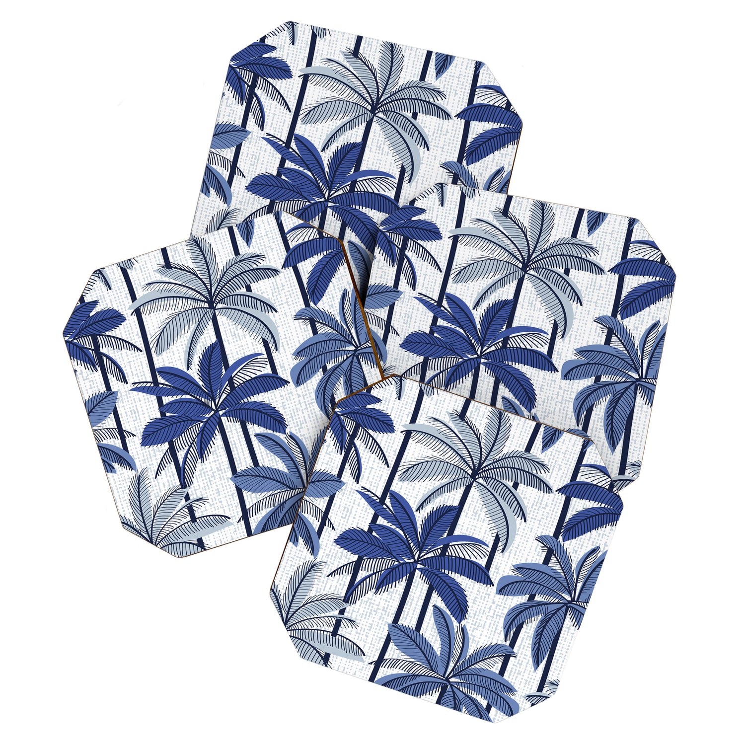 Retro Palm Springs vibes // white background highball indigo electric and pastel blue palm trees oxford navy blue lines Coaster Gallery Image 1