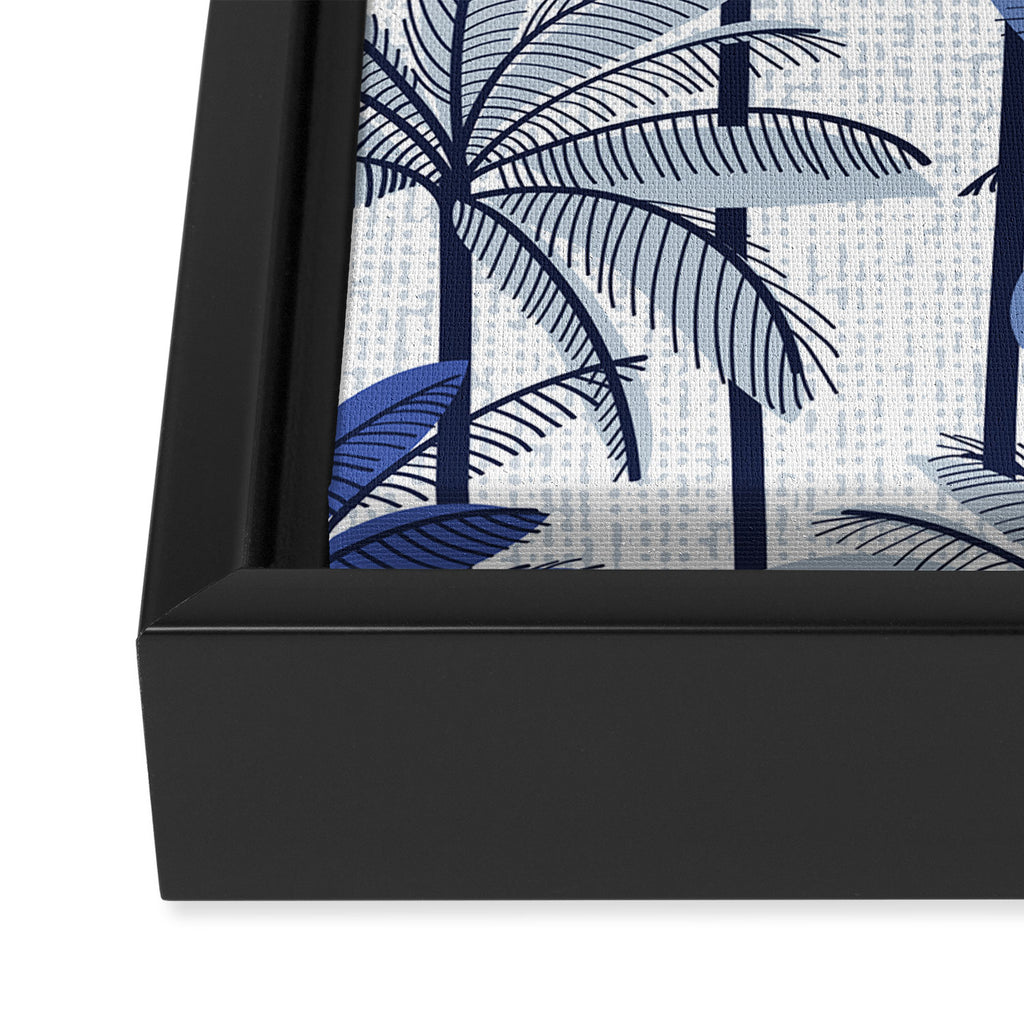 Retro Palm Springs vibes // white background highball indigo electric and pastel blue palm trees oxford navy blue lines Framed Canvas Print Gallery Image 3